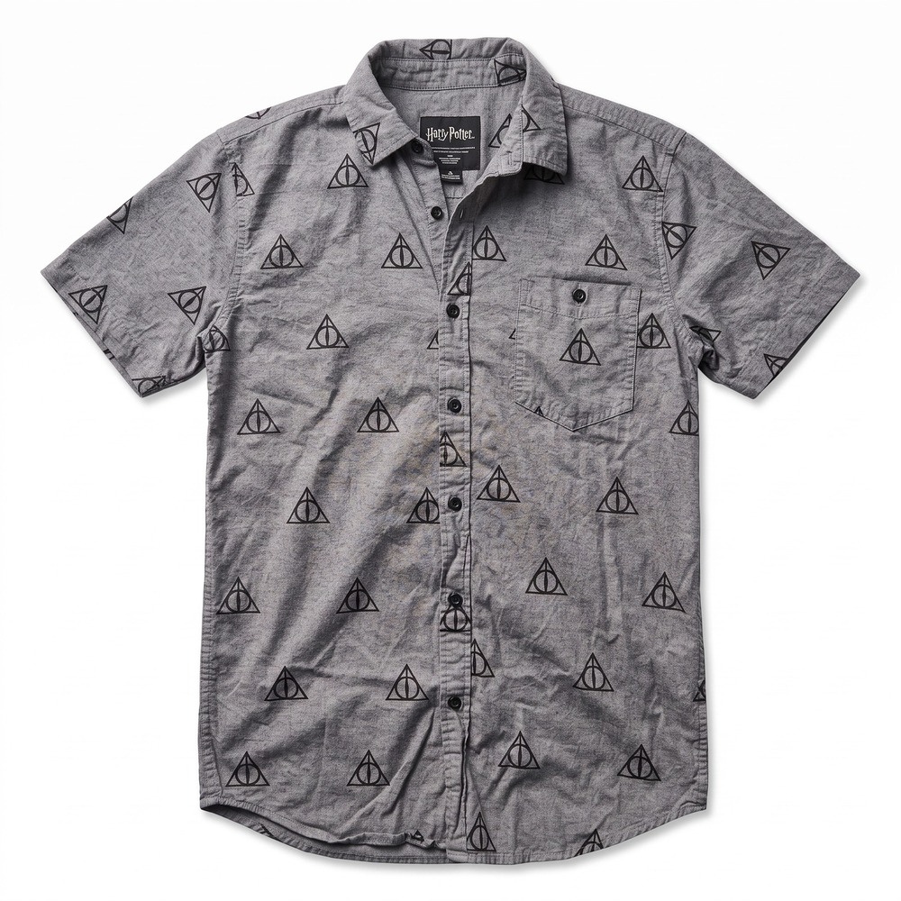 Harry Potter Button Down Shirt Mens Small Grey Excellent Deathly Hallows Print